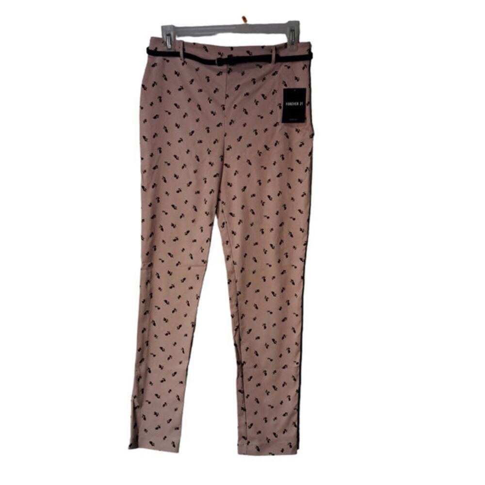 Forever 21 Womens High Waisted Belted Skinny the Harper Pants Pink Floral Medium